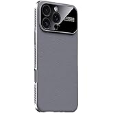 Doulings Large Window for iPhone 16 Pro Max Case,Luxury PU Leather & Hard PC,Heat Dissipation Breathable Bumper,Auto Focus Camera Lens Military Drop Protection Shockproof Cover,Silver