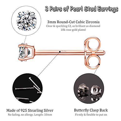Sterling Silver Stud Earrings for Women Girls Men- 3 Pairs 3mm Tiny Ball Stud Earrings Round CZ Earrings Pearl Earrings Set Cartilage Small Tragus Earrings (3 Pairs-Cubic Zirconia Earrings(Rose Gold))