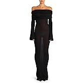 Famnbro Womens Sexy Off Shoulder Crochet Dress Long Sleeve Bodycon Knit Sweater Elegant Party Maxi Dresses