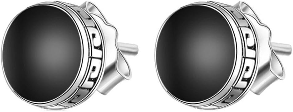 S925 Silver Plated Carved Vintage Patterns Sided Round Black Onyx Agate Stud Post Earrings,8MM