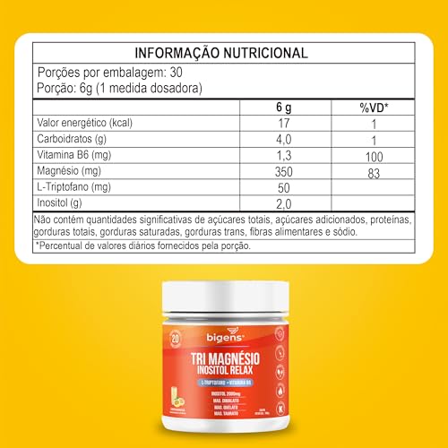 Bigens Tri Magnésio (Dimalato, Quelato, Taurato) Inositol Relax, Triptofano, B6, Sabor Maracujá, Kit 2x 180g