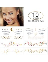 10 sheets (30+ different styles) Face Tattoo Sticker, Shows Gold Glitter, Metallic Shiny Temporary Water Transfer Tattoo for Professional Make up Dancer Costume Parties