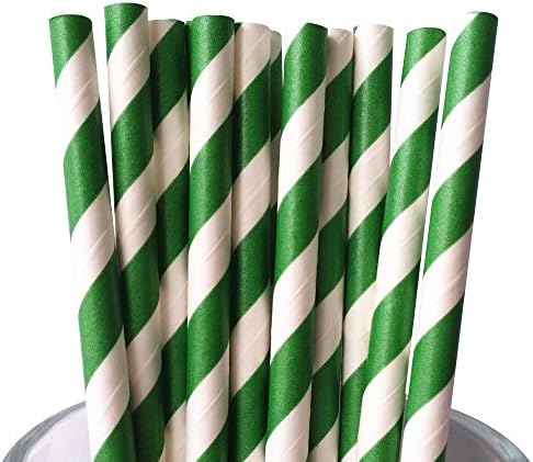 MY PAPER Biodegradable Paper Straws 7.75 Inch Decorative Striped Paper Straws 25 PACK (Green)