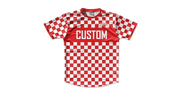 red and white checkered soccer jersey