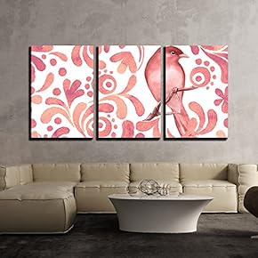 3 Piece Canvas Wall Art - Vector - Bird on Branch 3. Watercolor Pattern. Seamless Background. Vector - Modern Home Art Stretched and Framed Ready to Hang - 16"x24"x3 Panels