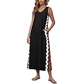 utcoco Women's Summer Beach Boho Flowy Maxi Dress Casual Sleeveless V Neck Side Slit RIC Rac Tank Dress