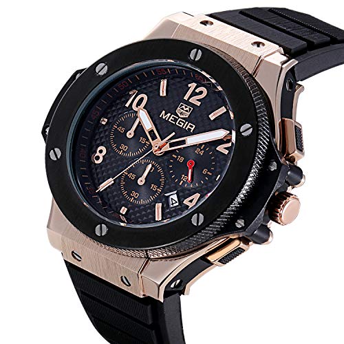 MEGIR Mens Wrist Watch,Analog Quartz Sports Military Silicone Watches with Big Dial,Waterproof Fashion Casual Chronograph Wristwatch for Business Office Work School Outdoor,Best Gifts for Men