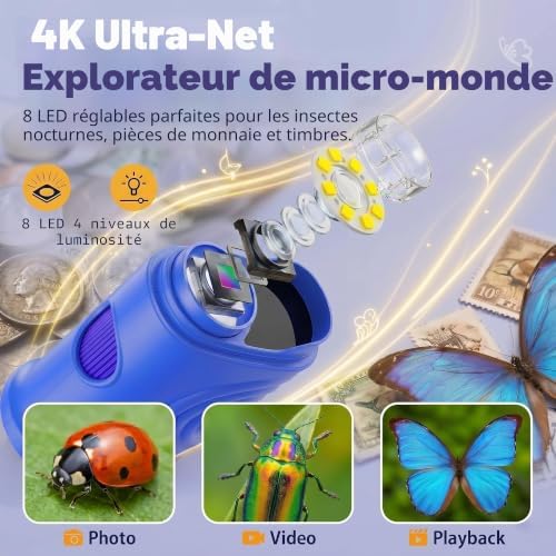 Microscope Enfant, Microscope Numérique Portable 1000X 4K avec Écran IPS 2,4", 8 LED, USB Rechargeable, Jouet Éducatif Scientifique STEM, Cadeau Anniversaire Fille Garçon 3-12 Ans, Bleu