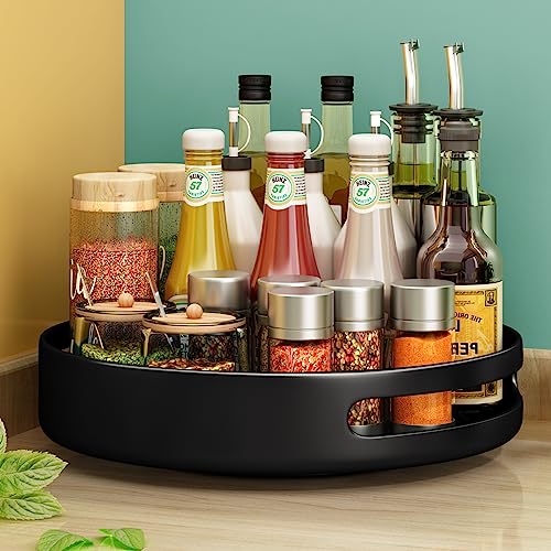 Drehteller Organizer, SAYZH Lazy Susan Drehteller 360°, Metall Stahl Kühlschrank Drehbares Tablett Rund Gewürzregal Drehbar für Küche Speisekammer Schrank Kosmetiktisch Arbeitsplatte Schwarz(22.86 CM)