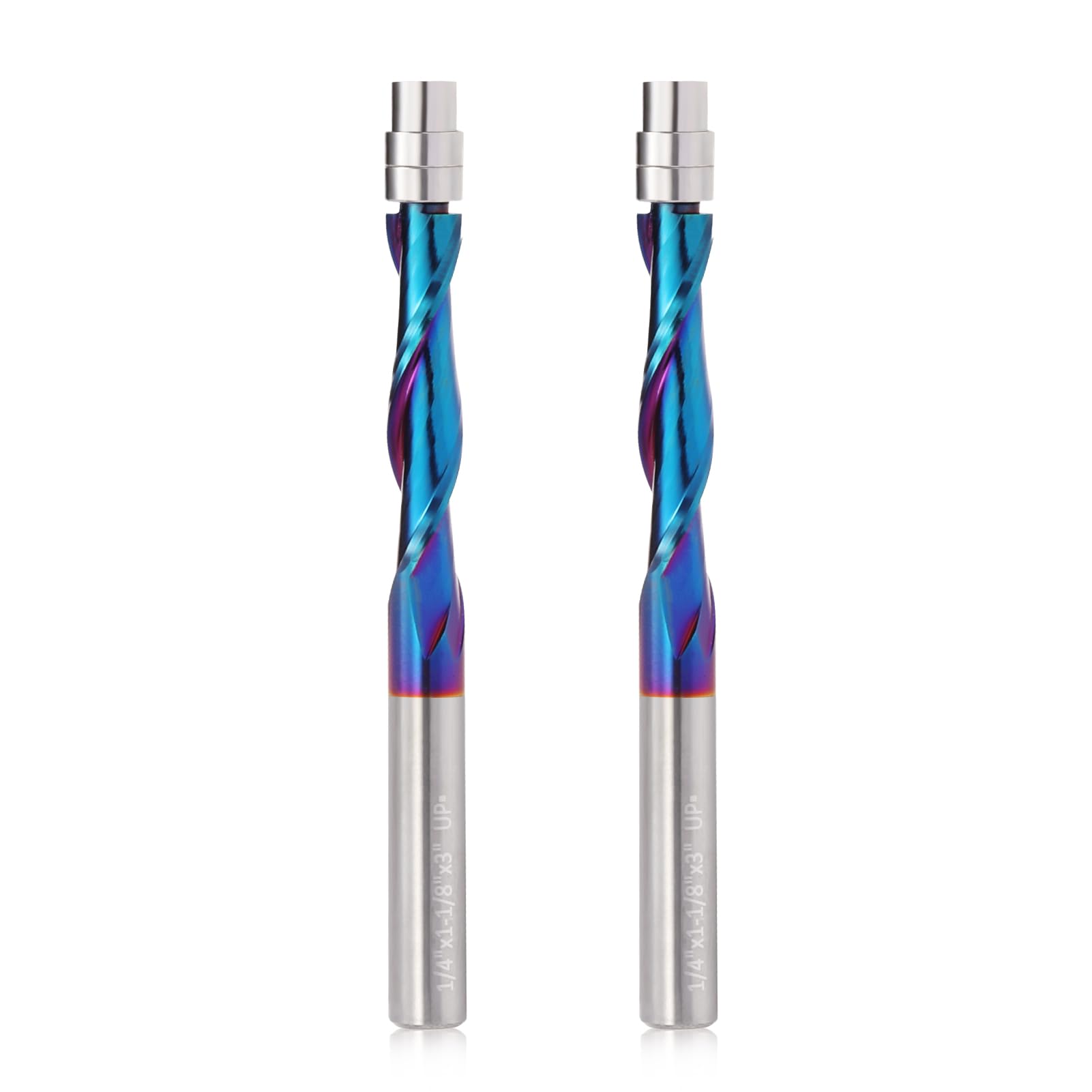 Trvoxviq Spiral Router Bit,1/4" Shank Upcut Pattern Flush Trim Bits with Nano Coated, CNC Template Bit Milling Cutter Tool for Wood Trimming 1-1/8 Inch Cutting Length Extra Long 3 Inch OVL(2 PCS)
