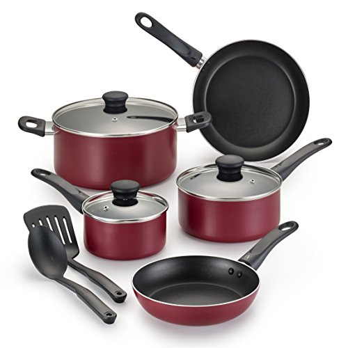WearEver B023SA Complete Nonstick Dishwasher Safe Cookware Set, 10-Piece, Red