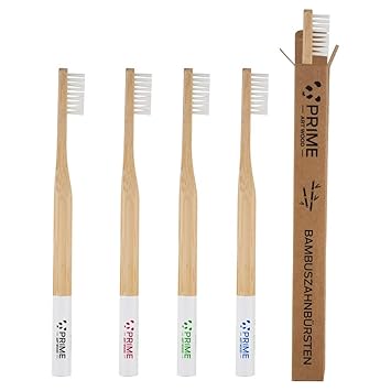 PRIME ART WOOD® Bambus Zahnbürste im 5er Set mit nachhaltigem Bambus Holz (Vegan, plastkfrei verpackt, umweltfreundlich) BPA-