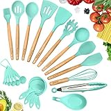 KuchePro 12-Piece Silicone Kitchen Utensil Set - Premium Natural Beech Wooden Handles with Non-Stick Silicone Heat Resistant Cookware for Cooking and Baking Tools - Green