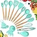 KuchePro 12-Piece Silicone Kitchen Utensil Set - Premium Natural Beech Wooden Handles with Non-Stick Silicone Heat Resistant Cookware for Cooking and Baking Tools - Green
