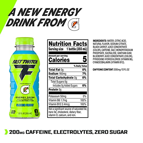 FAST TWITCH ENERGY DRINK FROM GATORADE, GLACIER FREEZE, 12OZ BOTTLE, 200MG CAFFEINE, ZERO SUGAR, ELECTROLYTES