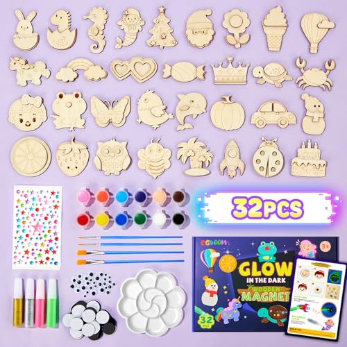 CGBOOM Kids Painting Set, 32 Pieces Kids Craft Set, Luminescence Fridge Magnets for Painting and Crafts, Wooden Magnets for Painting, Gift for Girls and Boys