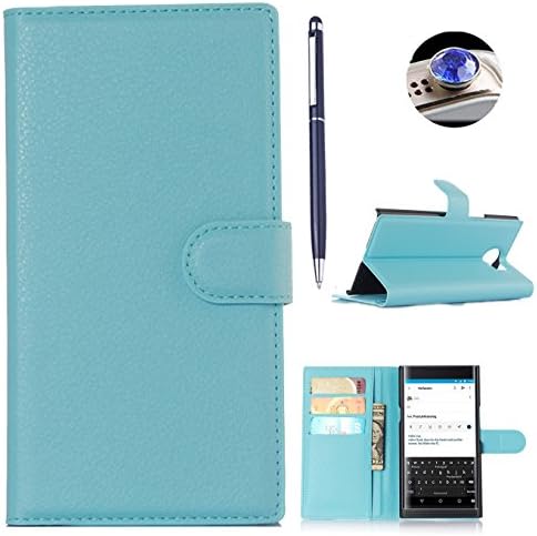 BlackBerry PRIV Case, Ayihuan Premium PU Leather Wallet Flip Case Cover with Card Slots & Stand Cover Case For BlackBerry PRIV +1x Diamond Dust Plug +1x Stylus ,blue 3