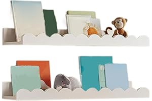 Cloud Shaped Floating Book Shelves for Kids – 3-Piece Nursery & Playroom Wall Shelves, 4-Tier White Scalloped Display Shelf f