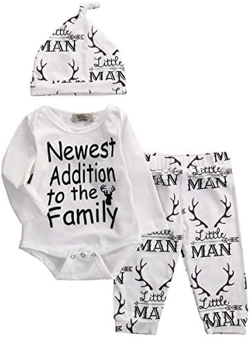 Sleezy Baby Boy Girl Suit For Baby Shower Deer Print Long Sleeve Romper+Long Pants+Hat 0-18 M (Tag 70/0-3 Months, White)
