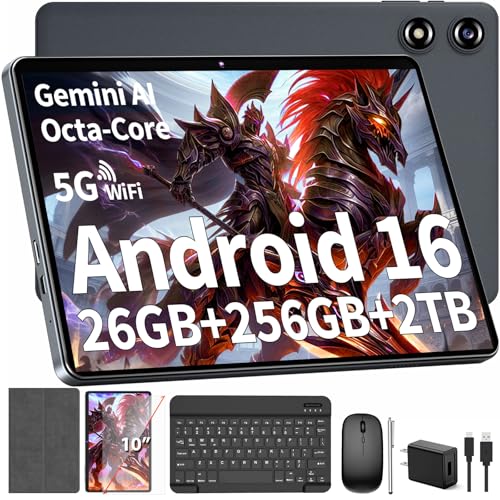 Android Tablet with Keyboard - Android 16 tablet with 26GB+256GB+2TB Expand, 10 inch Tablet with 8-Core, Gemini AI, 5G WiFi, 8000mAh, GPS, GMS, Electronic Tablet PC with Case/Mouse/Stylus-Silver Case