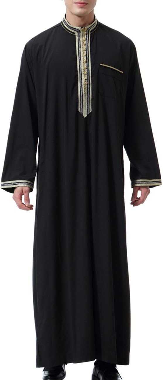 Zhhlinyuan Mens Islamic Dubai Robe Thawb Embroidered Middle East Muslim Thobe