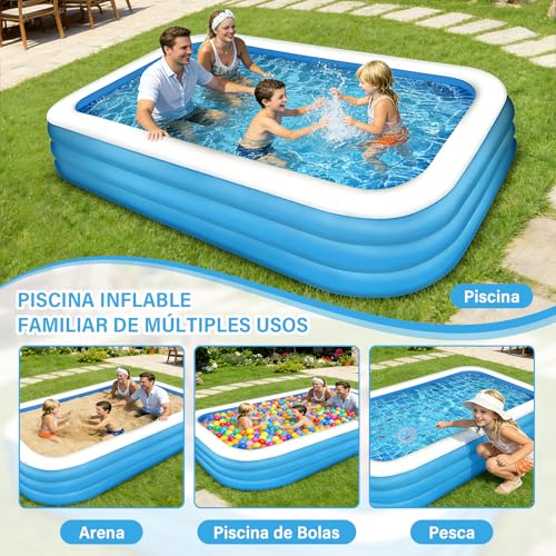 GALASALA Alberca para Niños, 210 × 140 × 60 Cm, Albercas Grandes Familiares, Piscina Rectangular de Tres Niveles, con Bolsa de Almacenamiento, Albercas Inflables para Niños, Fiesta Acuática de Verano
