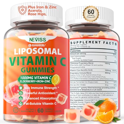 Liposomal Vitamin C 1000mg Gummies for Adults - Vitamin C Chewable with Elderberry, Zinc & 8mg Iron, Sugar Free Vit C Supplements, Daily Immune Support Gummies for Energy, Collagen Booster 60 Counts