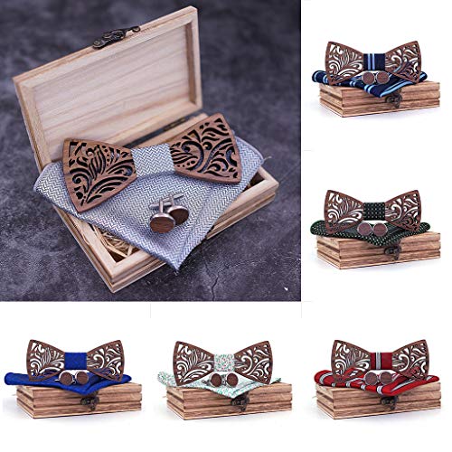 COM1950s Men's Bow Tie Natural Handmade Wooden Collar Vintage Wood Tie Manual Wooden Bow Tie Handkerchief Set (Gray, A)
