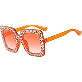 IKANOO Oversized Crystal Sunglasses for Women Square Thick Frame Bling Rhinestone Sparkling Glasses