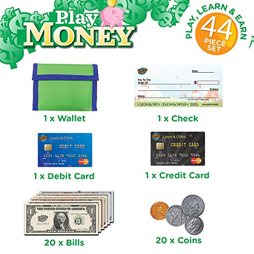 Learn & Climb Play Money Wallet Set for Kids - Bills, Coins, Wallet & Pretend Play Credit Card