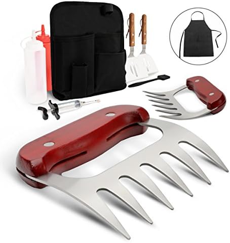 Monbix 10 Pieces Pulled Pork Claws with Wooden Handle - Stainless Steel Meat Handler Set with Professional Accessories (Spatulas/Condiments Bottles/Apron/Meat Injector) and Belt Bag