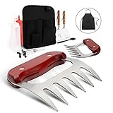 Monbix 10 Pieces Pulled Pork Claws With Wooden Handle - Stainless Steel Meat Handler Set With Professional Accessories (Spatulas/Condiments Bottles/Apron/Meat Injector) And Belt Bag