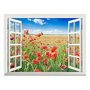 Removable Wall Sticker/Wall Mural - Beautiful Poppy Field in The Spring | Creative Window View Wall Decor - 24"x32"