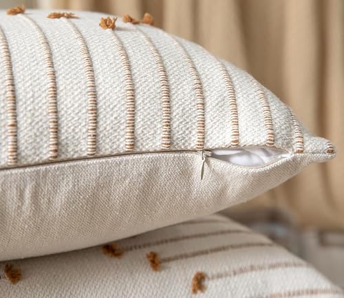 Cushion covers, Boho Throw Pillow Covers 45x45cm Set of 2, Decorative Pillows for Bed, Throw Pillows for Modern Farmhouse Couch Sofa Living Room Outdoor (Beige with Brown Line)