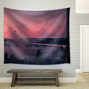Bridge with Mist at Sunset - Fabric Wall Tapestry Home Decor - 51x60 inches