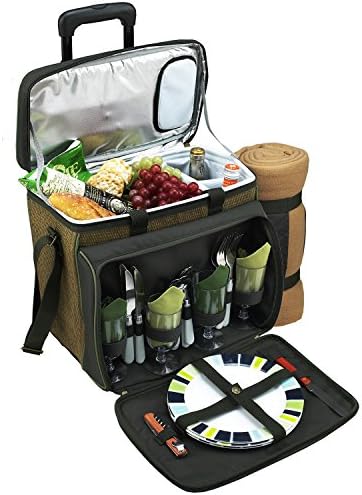 Picnic at Ascot Equipped Picnic Cooler On Wheels, Natural/Forest Green