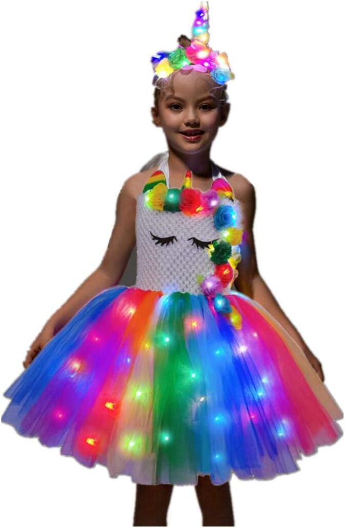 SHINYOU Girls Unicorn Costume Dress Up Birthday Outfit LED Light Up Unicorn Tutu for Halloween