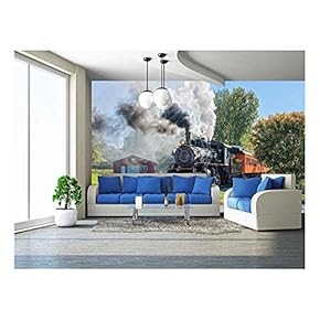 Old Vintage Steam Engine Arriving at The Train Depot - Removable Wall Mural | Self-Adhesive Large Wallpaper - 66x96 inches