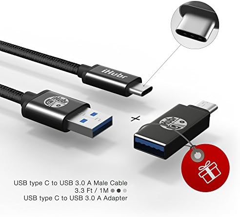 iHubr, SPECIAL SET, USB C Cable to USB 3.0, Nylon Braided Cable, Black Color, Metal Housing, for New Macbook, Nokia N1, Nexus 6P/5X and Other Type-C Supported Devices (Cable 3.3ft + Adapter (Black))
