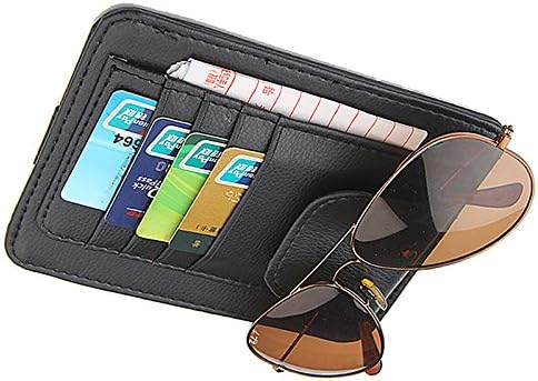 Car Sun Visor Sunshade Sleeve Wallet PU Leather Storage Case with Glasses and Cards Organizer Clips Holder Black