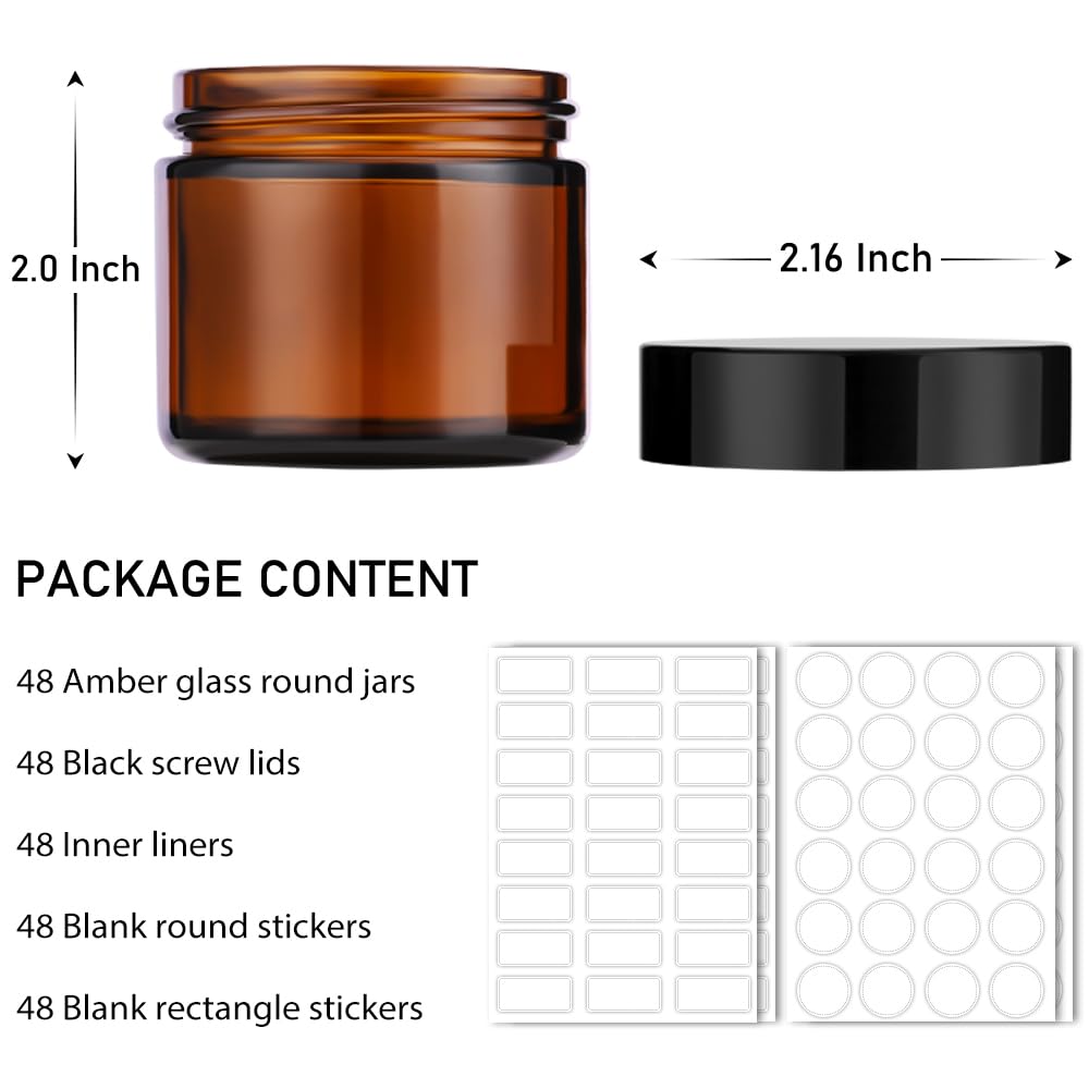 Bumobum 2 oz Small Glass Jars with Lids, Bumobum 48 pack Round Amber Glass Candle Jars with Black Lids, White Labels & Inner Liners, Empty Cosmetic Containers for Cream, Lotion, Slime
