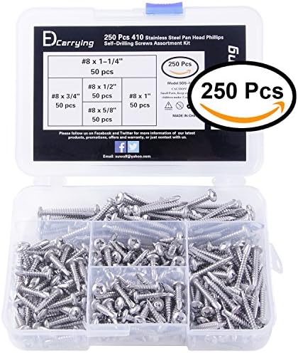 410 Stainless Steel Self Drilling Screws Assortment Kit Pan Head Phillips Drive #8 x 1/2" to 1-1/4" EDCarrying SDS-01 (Pack of 250)