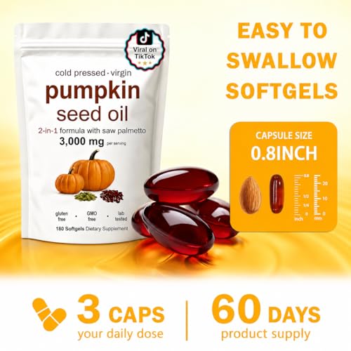 Pumpkin Seed Oil, Pumpkin Seed Oil Capsules with Saw Palmetto| for Hair Growth - Non-GMO - 180 Softgels | 3000mg Cold Pressed white