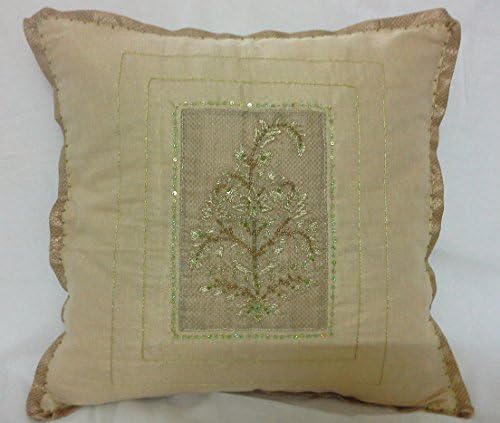 Panigha India Handmade Decorative Pillow Cover / Accent Pillow / Throw Pillow Cover 1pc size 16" x 16" in golden color with rich gold metallic embroidery for festive occasions.
