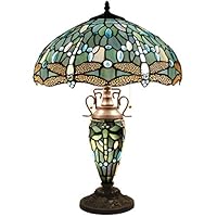 Tiffany Lamp 24 Inch Tall 3 Light Pull Chain Sea Blue Stained Glass Dragonfly Style Lampshade Beside Desk Table Lamp Antique Night Light Base for Living Room Coffee Table Bedroom S147 WERFACTORY