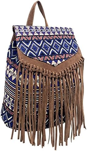 Tossa Boho Fashion Tribal Bohemian Casual Tassel Drawstring Backpack (Blue Tribal)