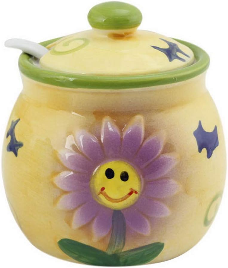 Gentle Meow Household Porcelain Condiment Container Spice Jar with Lids and Spoon, Sunflower