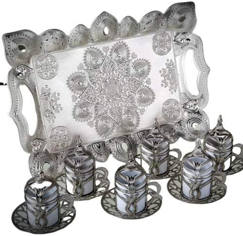 Ahsen Porcelain Silver Coffee Cup Set 6 Cup + 6 Plates + 1 Tray