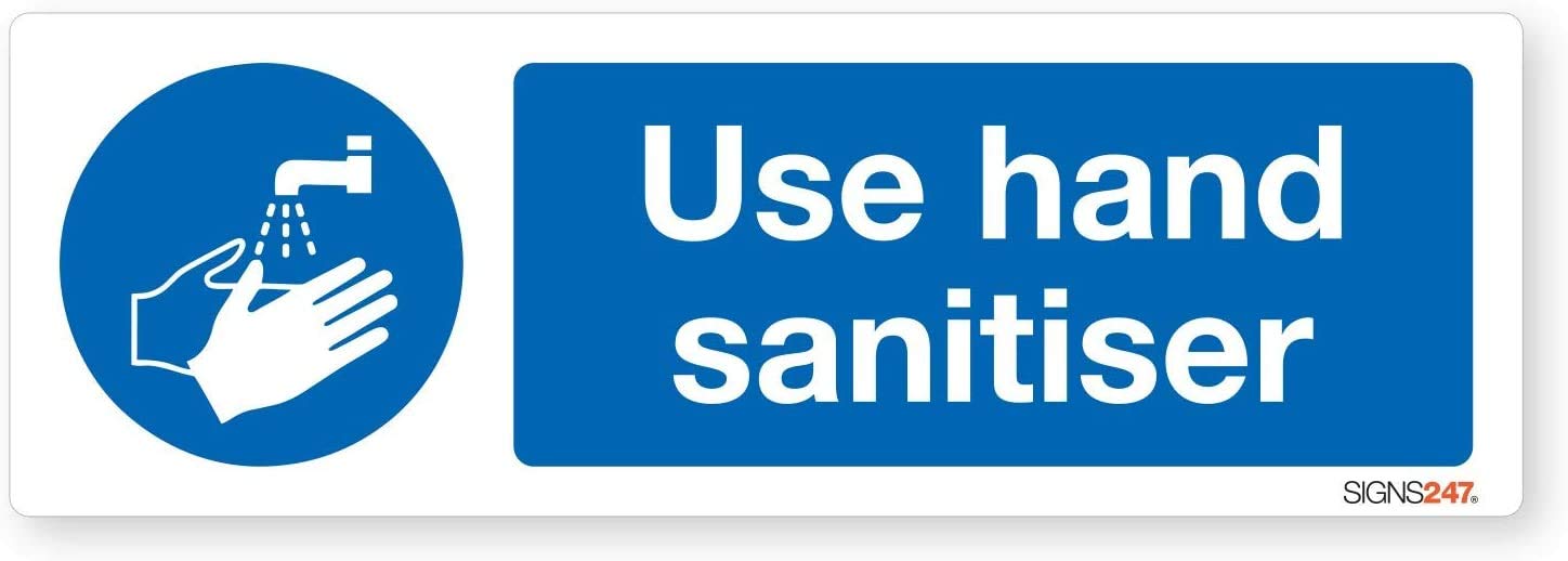 Use Hand Sanitiser Sign - Self adhesive vinyl sticker 50mm x 150mm - Pack of 5