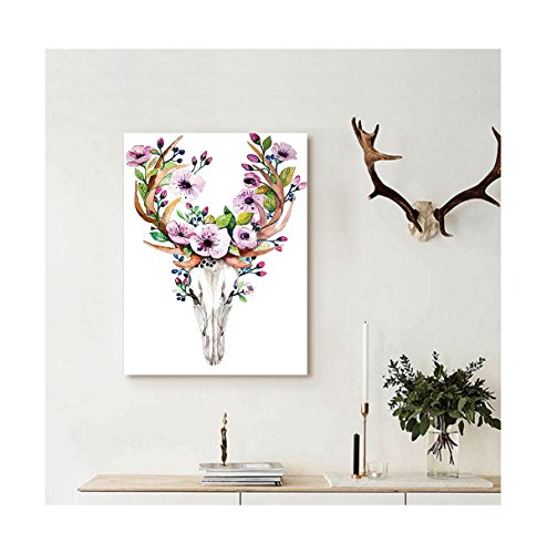 Liguo88 Custom Canvas Skulls Decorations Collection Deer Animal Skull with Floral Horns Nature Inspired Dead and Living Art Print Wall Hanging Cream Pink Brown